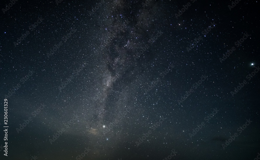 夜空中有星星和银河。拍摄对象模糊、低调、嘈杂。