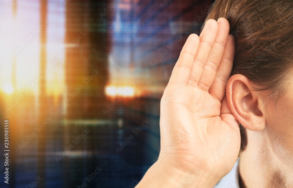 Man ear listening, copy space background