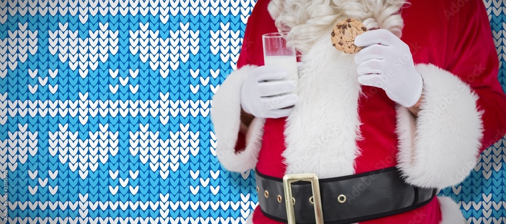 Composite image of santa holding cookie and glass of milk