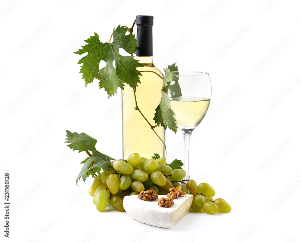 Glass and bottle of wine with cheese and ripe grapes on white background