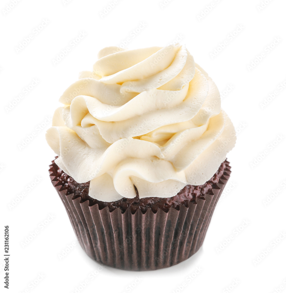 Tasty chocolate cupcake on white background