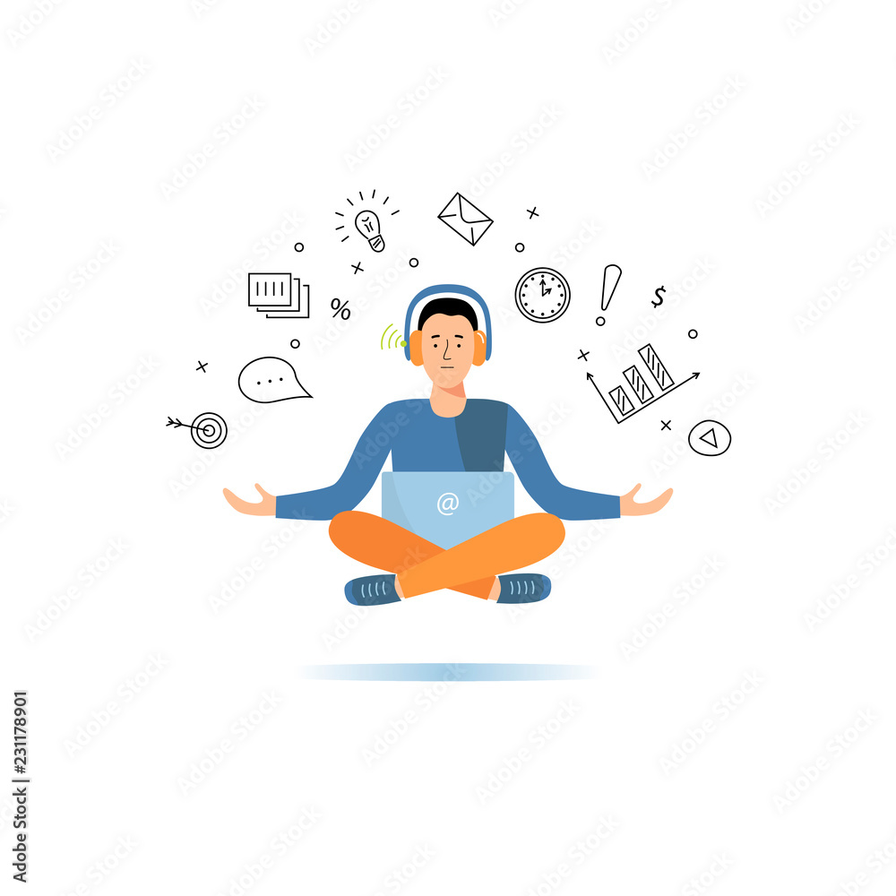 Man is working on laptop. Programmer or project manager in a yoga pose. Flat and line styles vector 