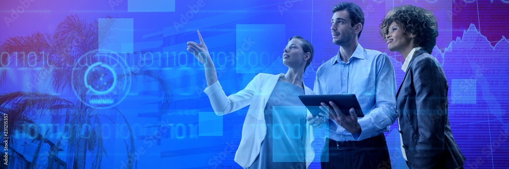 Composite image of businesswoman pointing while explaining with