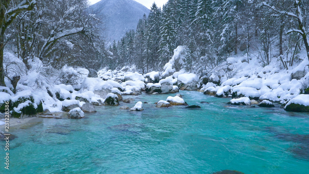 空中飞航：飞越流经白雪皑皑森林的翡翠色河流。