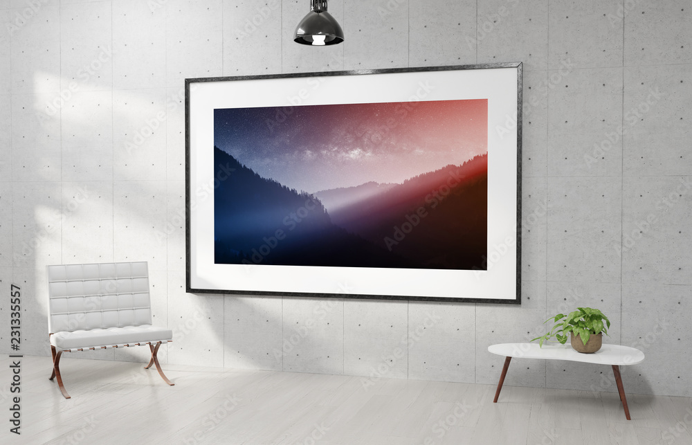 Large horizontal frame hanging on a white concrete wall 3D rendering