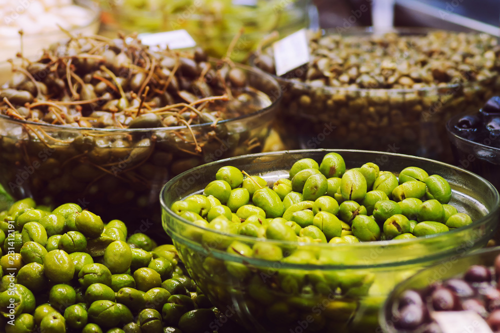 Assortment of olives for sale at Valencia market, Spain