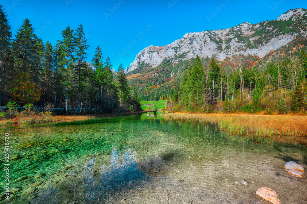 Beautiful autumn sunrise scene with trees near turquoise water of Hintersee lake