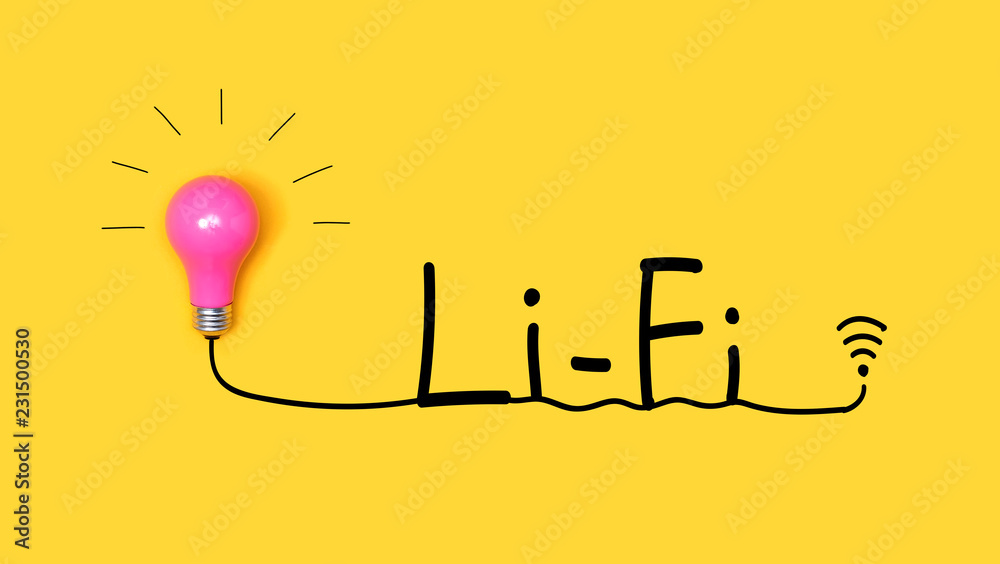 Li-Fi wireless communication concept with a light bulb on a yellow background