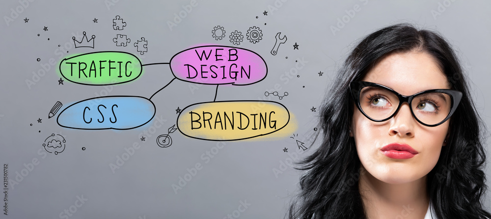 Web design concept with young businesswoman in a thoughtful face