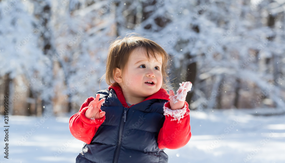 Toddler boy playing in the snow on a winter day