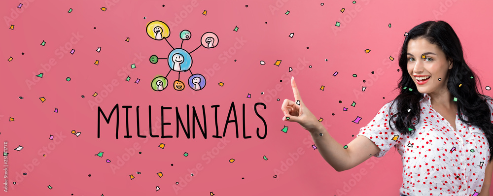 Millennials with young woman on a pink background