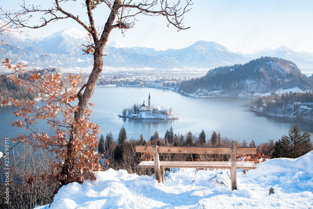 Lake Bled with wooden bench in winter, Slovenia