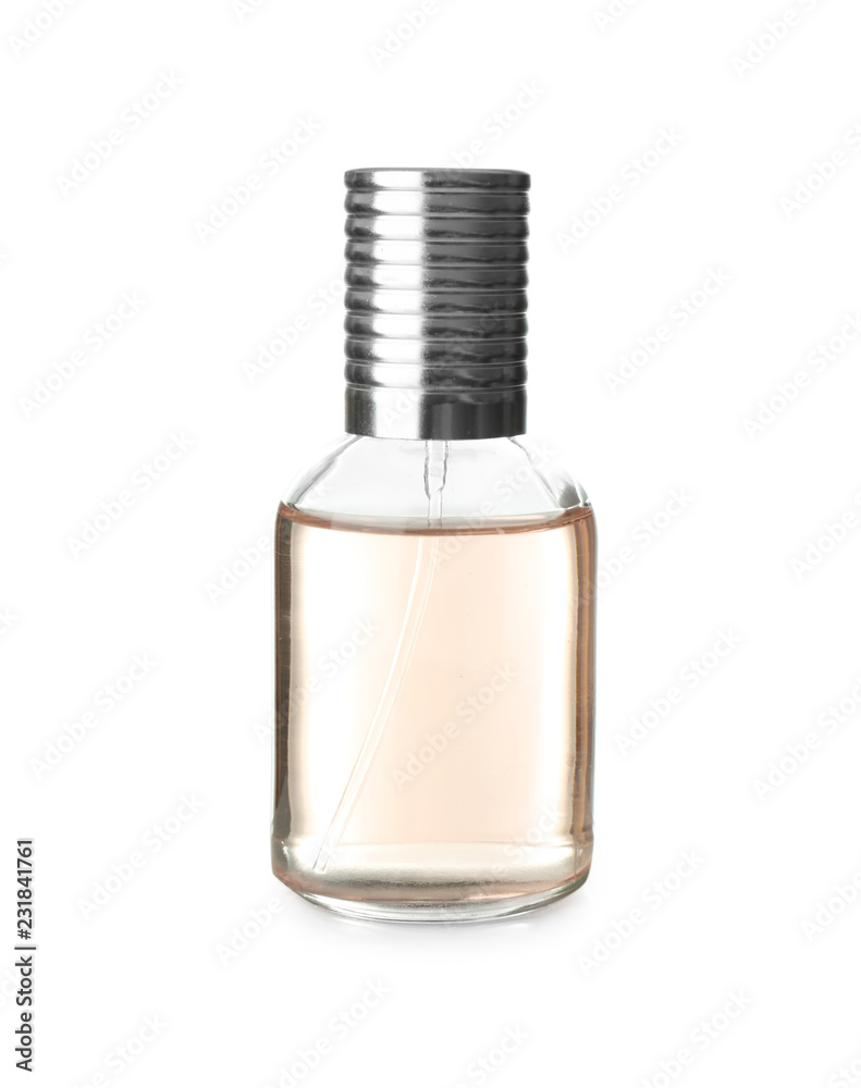 Transparent bottle of perfume on white background