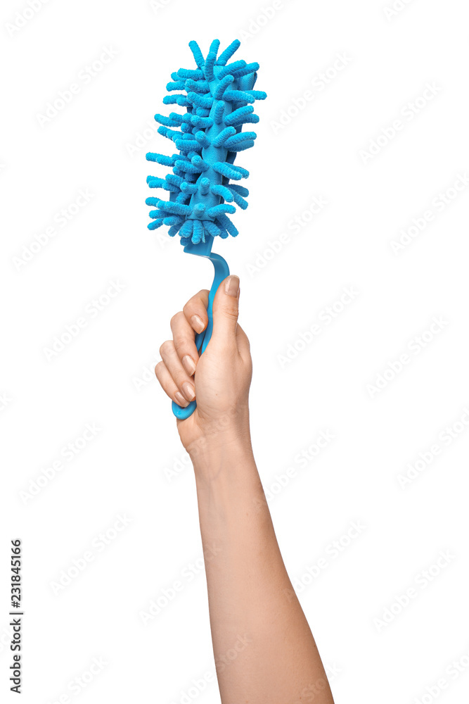 Woman holding brush on white background