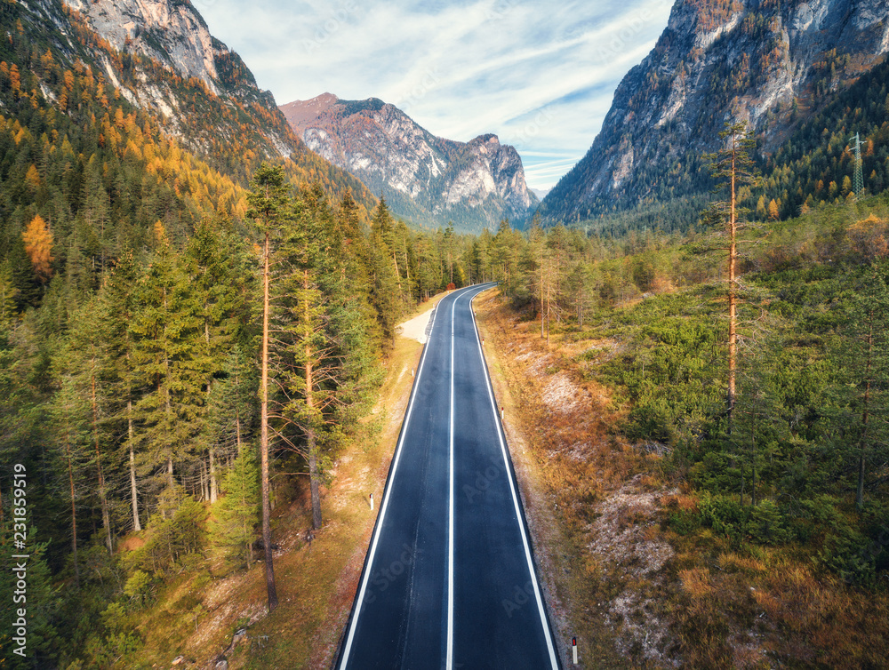 多洛米蒂山脉森林中道路的鸟瞰图。高山完美沥青道路的俯视图