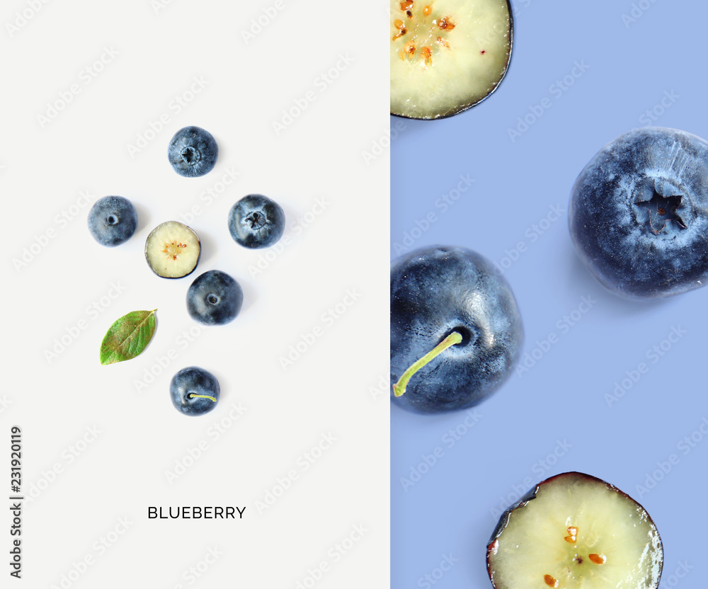 Creative layout made of blueberry. Flat lay. Food concept. Macro concept.