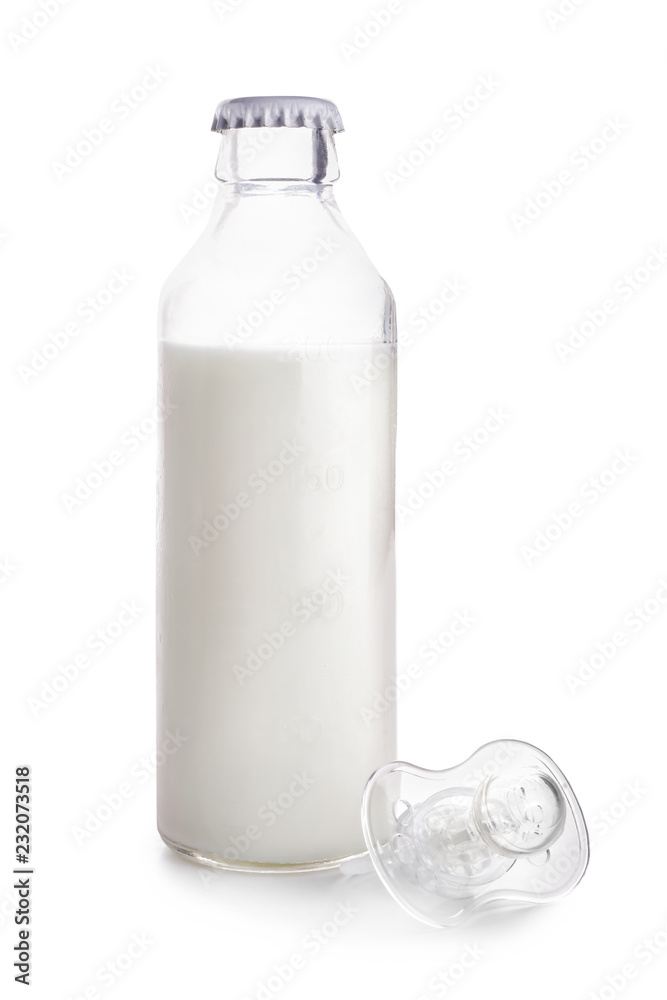 Bottle of milk for baby and pacifier on white background