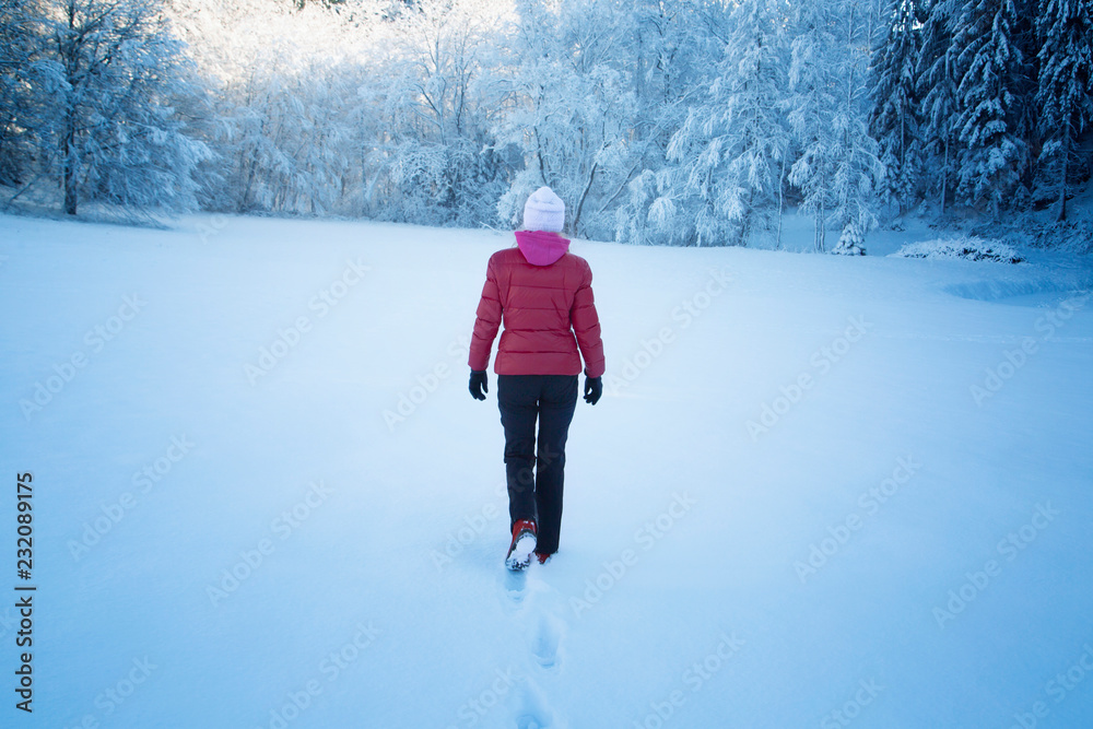 阳光明媚的早晨，一个穿着红色夹克的女人独自走在白雪皑皑的乡村草地上，草地上有树。