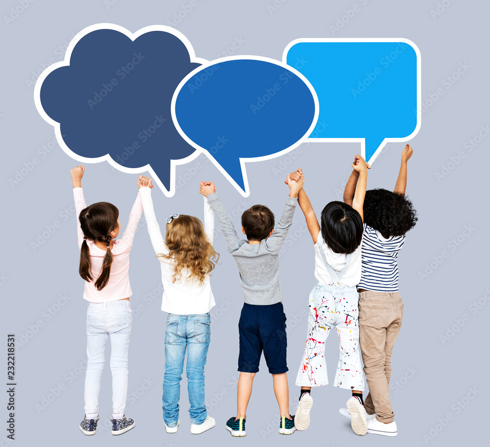 Kids holding hands looking at speech bubbles