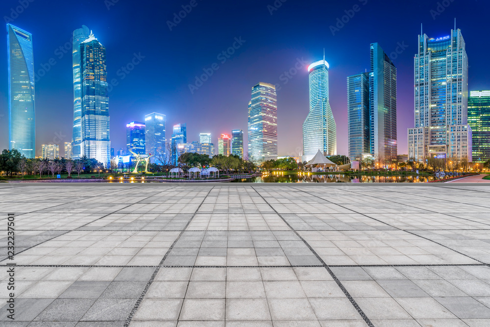 Blue sky, empty marble floor and skyline of Shanghai urban architecture.