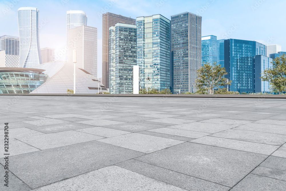 Blue sky, empty marble floor and skyline of Shanghai urban architecture.