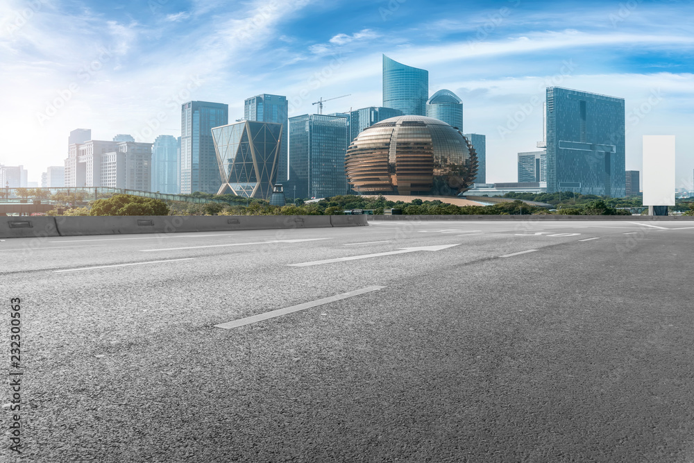 Urban road asphalt pavement and skyline of Hangzhou urban construction