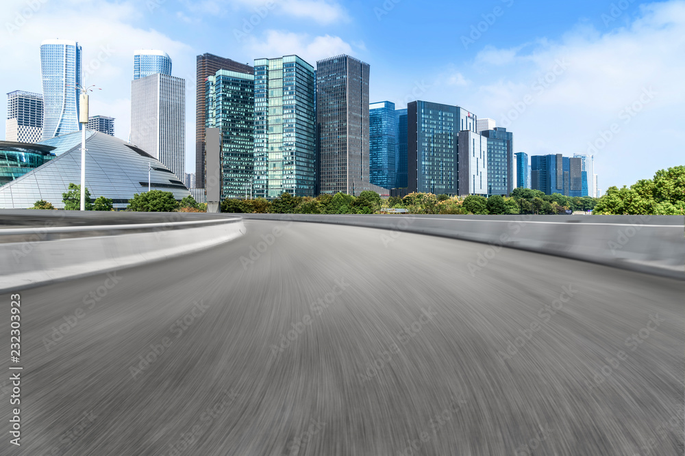 Urban road asphalt pavement and skyline of Hangzhou urban construction