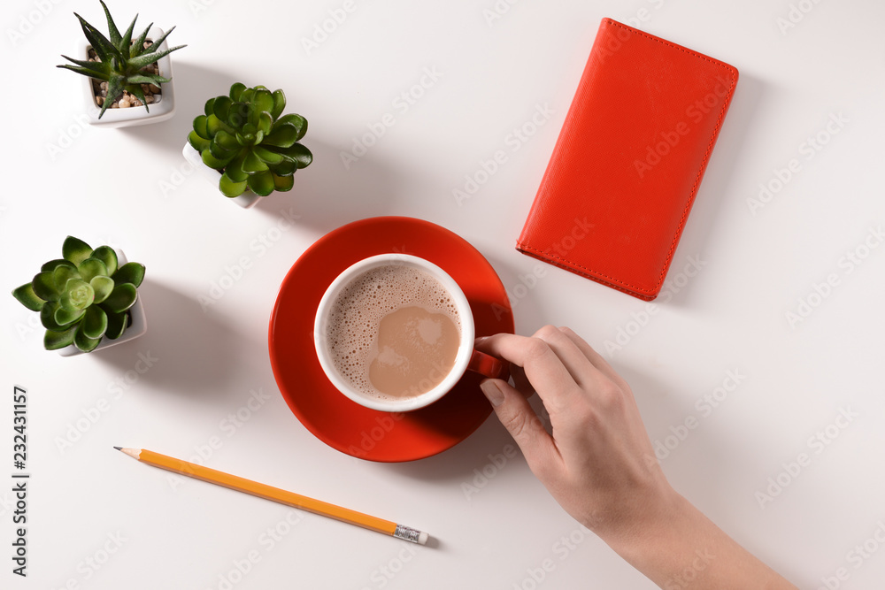 Female hand with cup of coffee, notebook and houseplants on white background, top view