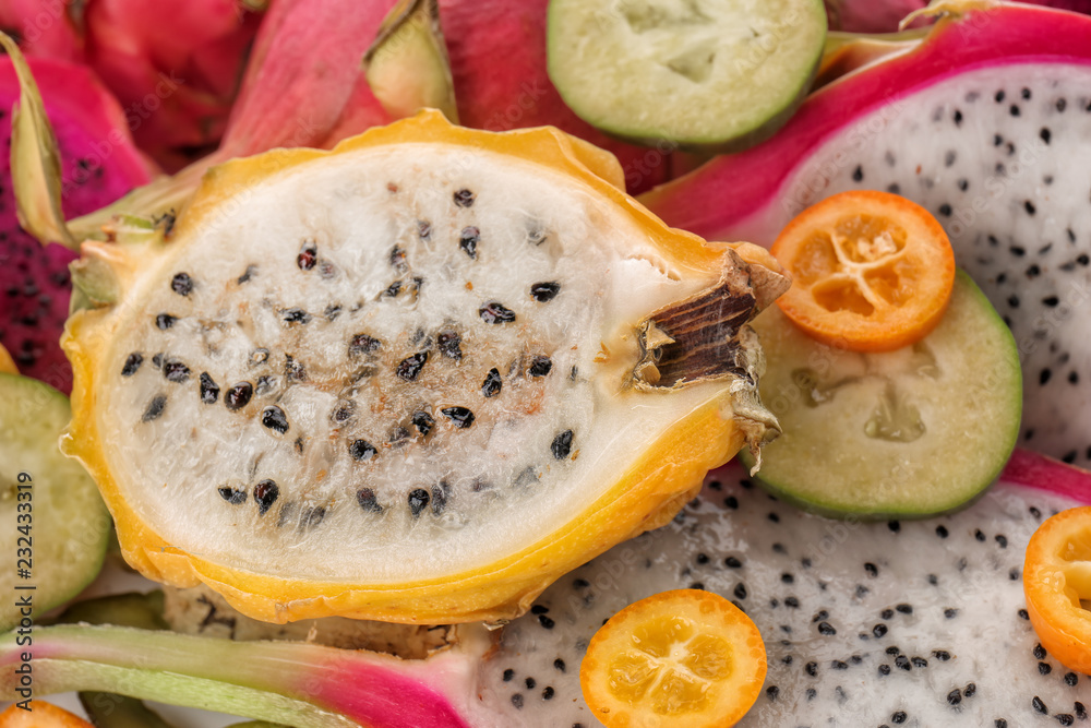 Tasty pitahaya and other fruits, closeup