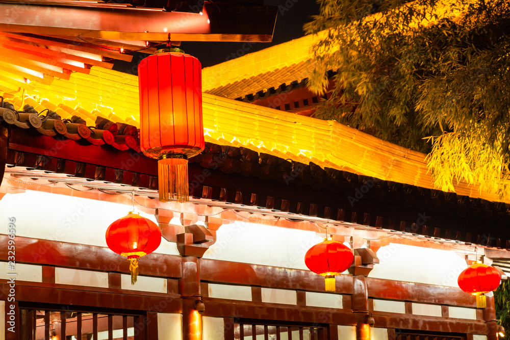 XiAn，China.ancient architecture with red lanterns at night，close-up