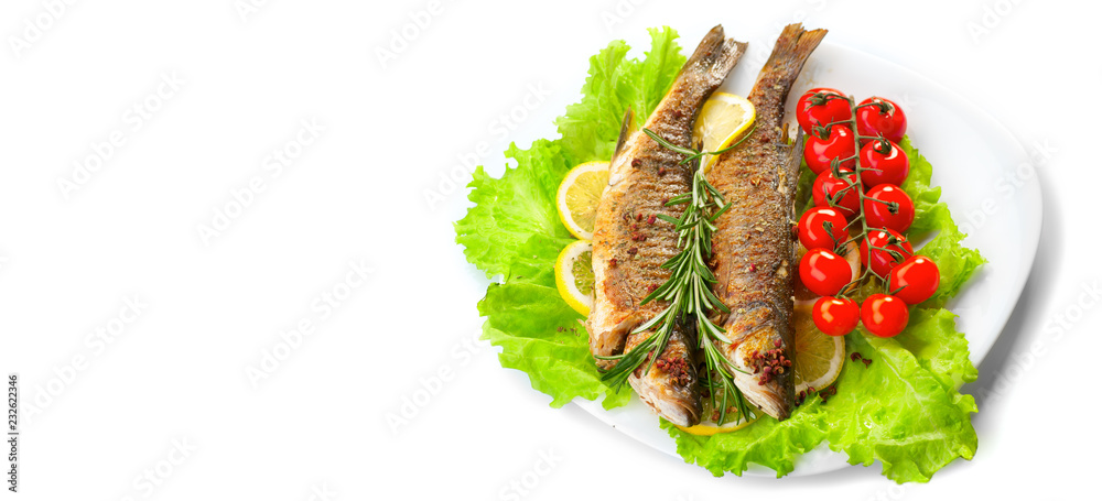 Grilled fish, fried perch fish with vegetables isolated on white background. Sea food. Dieting. heal