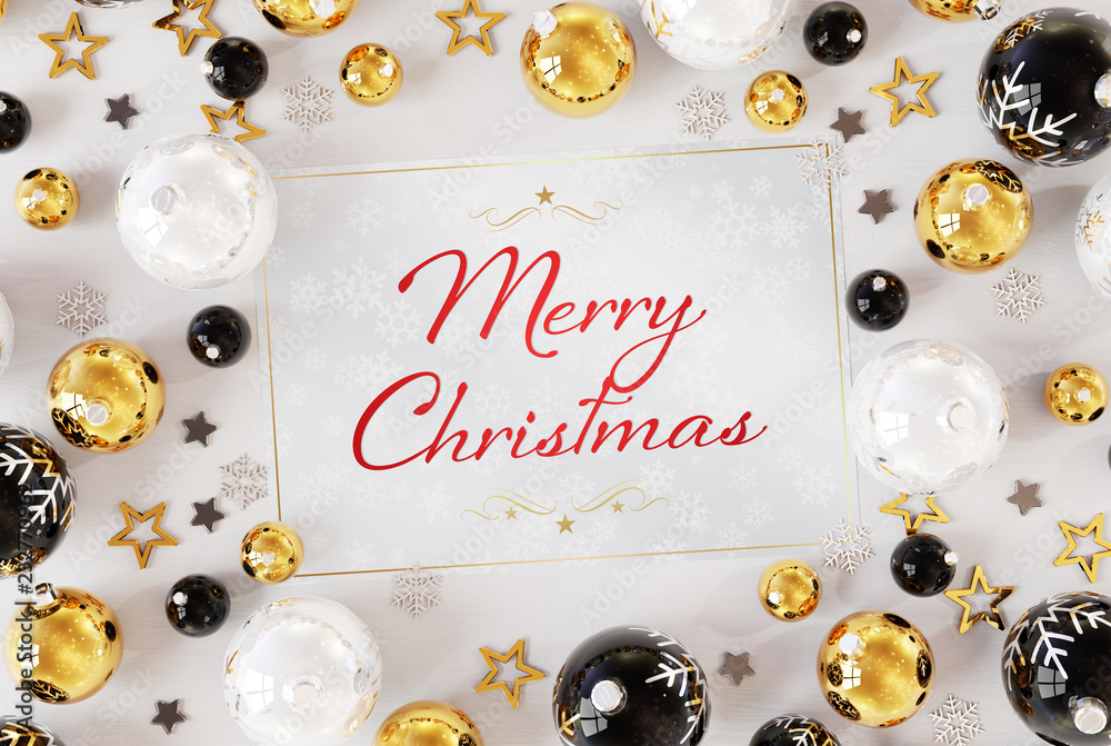 Christmas card greetings with golden baubles 3D rendering