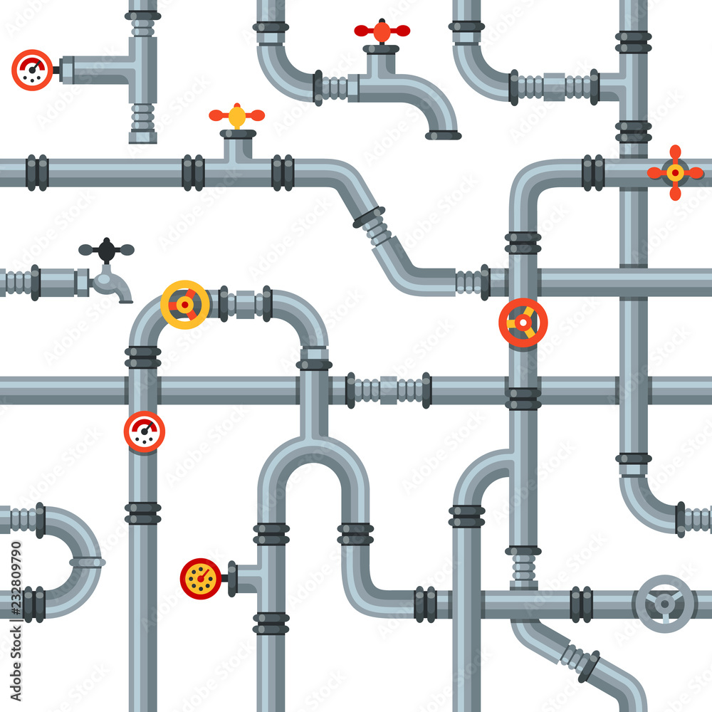 工业管道无缝模式。管道阀门和水龙头，排水冷却或加热系统管道g