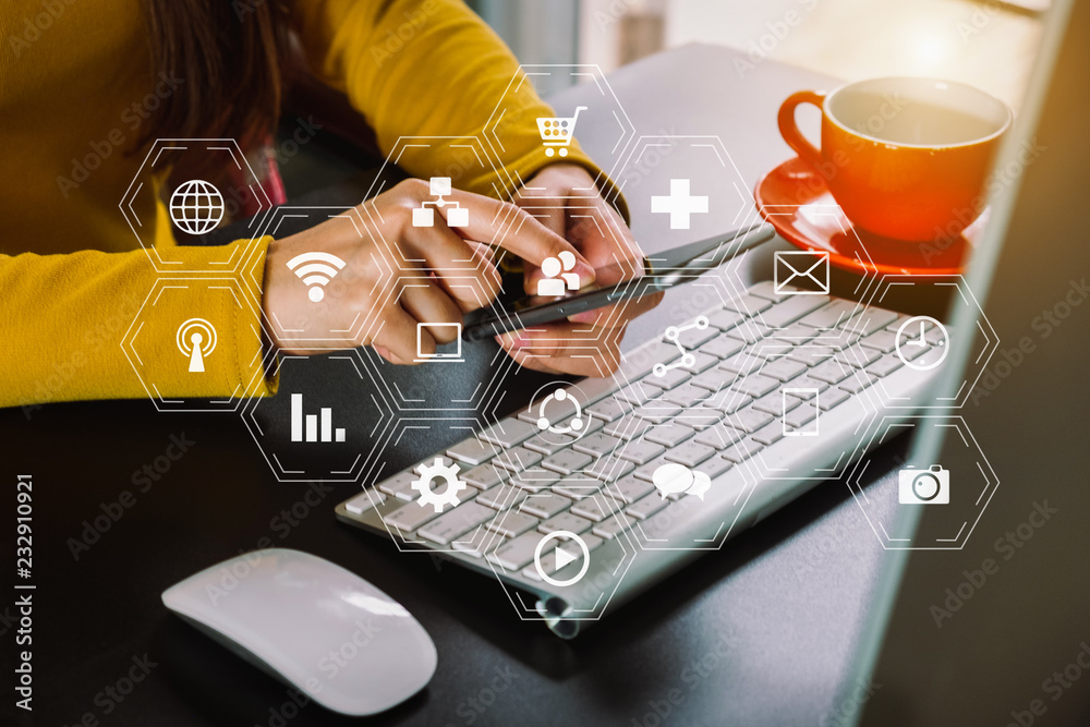 business woman hand working with laptop computer, tablet and smart phone in office with digital mark