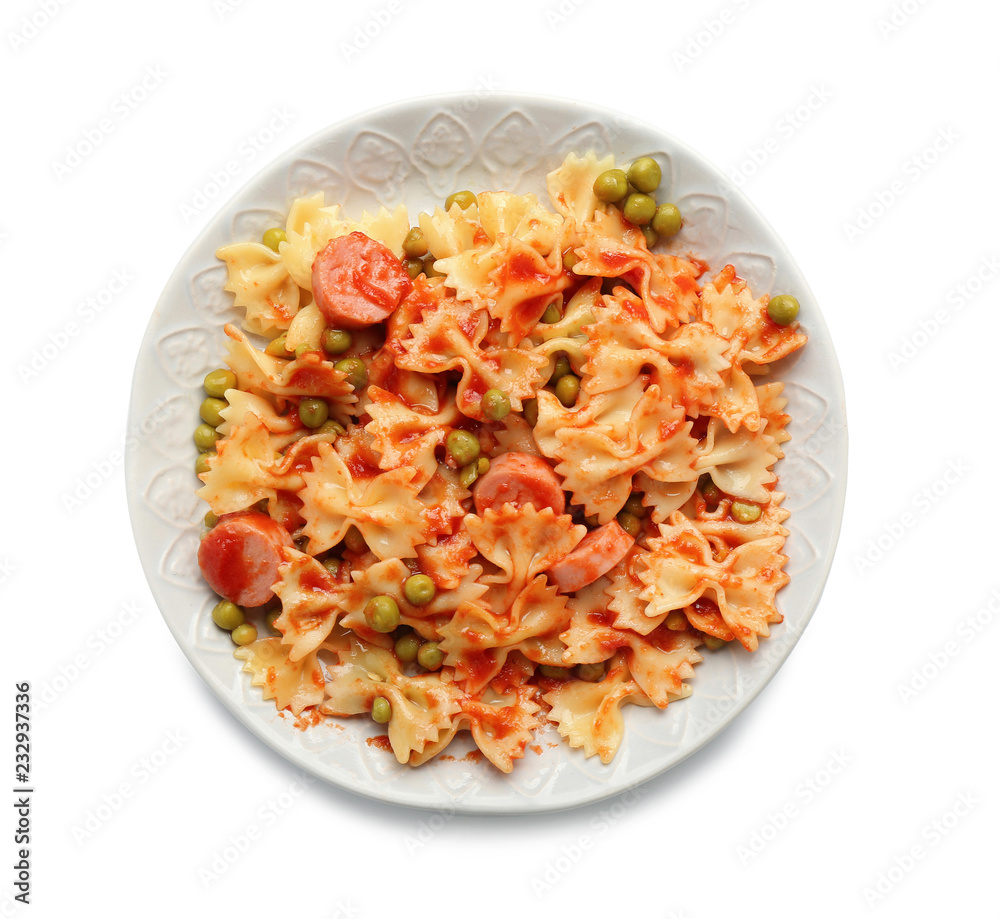 Plate with delicious pasta and sausage on white background