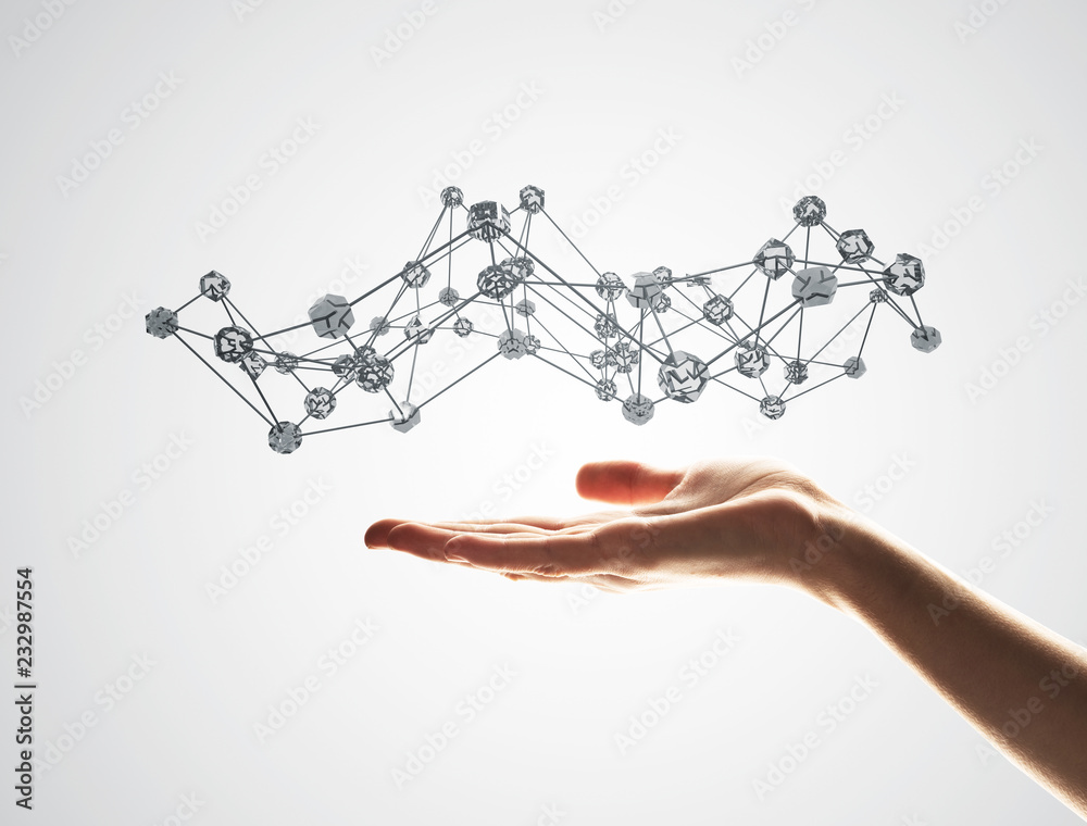 Wireless connection presented by lines and dots in human hand