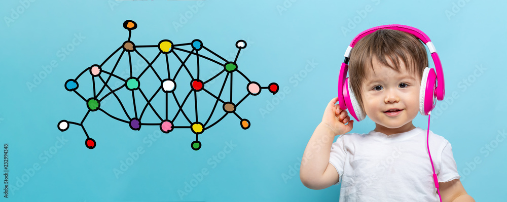 Links with toddler boy with headphones on a blue background