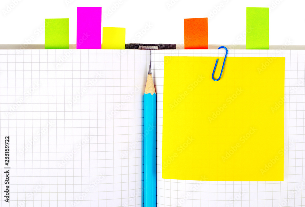 Notebook with pencil and bookmarks. Education concept