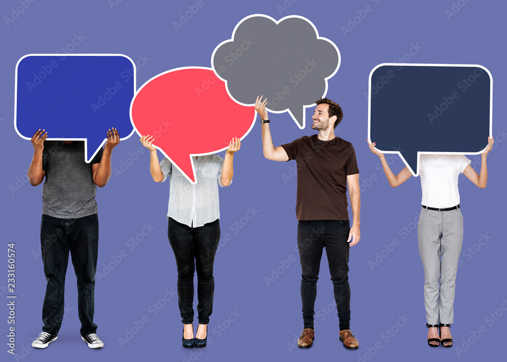 Diverse people holding empty speech bubbles