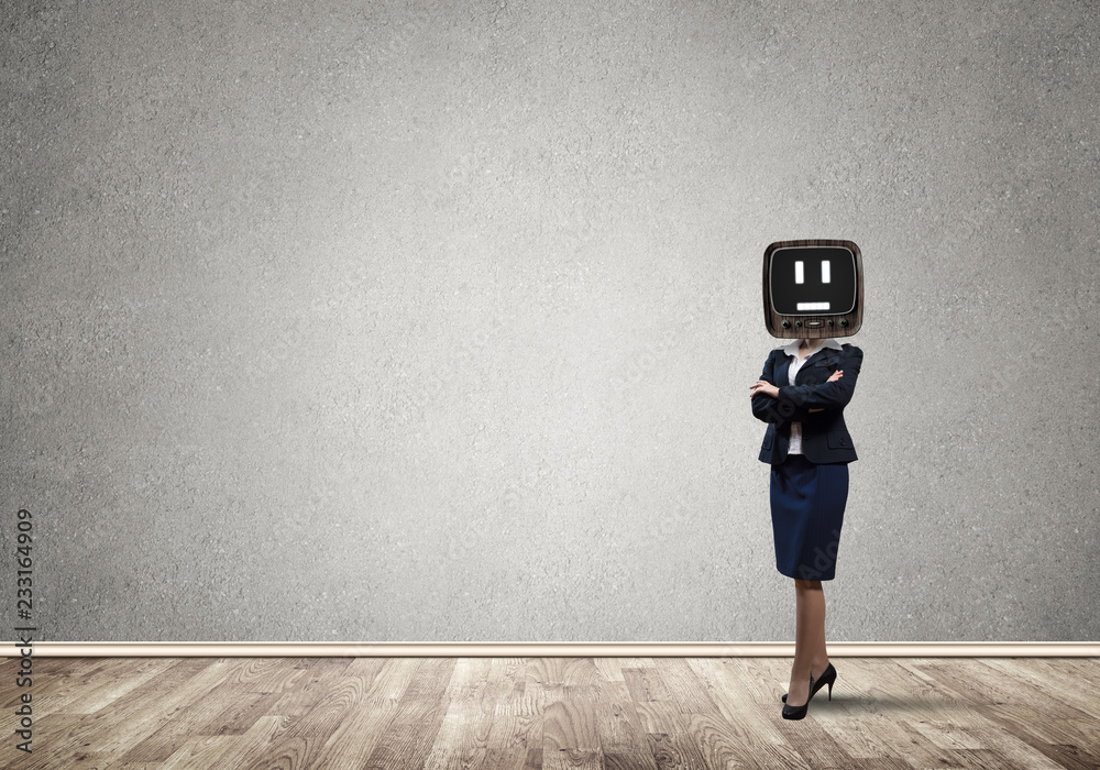 Business woman with an old TV instead of head.