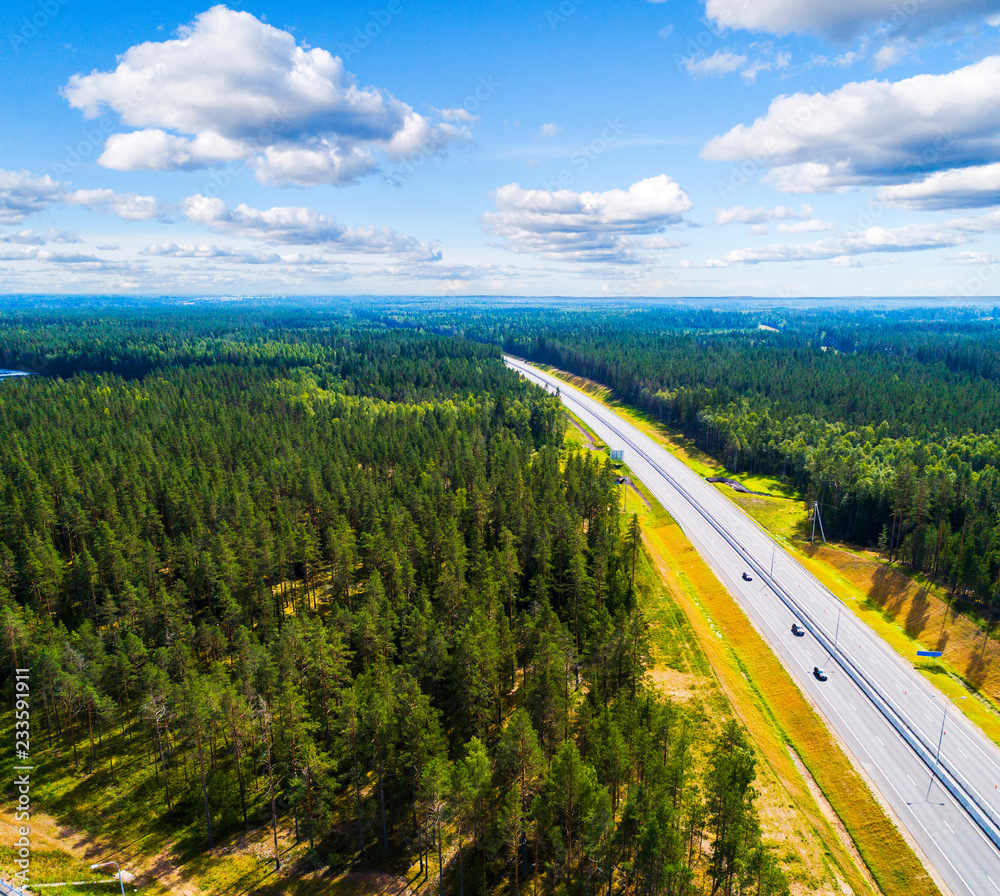 森林中一条乡村公路的鸟瞰图，车在行驶。风景。用相机从上方拍摄