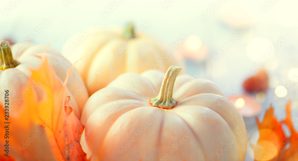 Thanksgiving background. Holiday scene. Wooden table, decorated with pumpkins, autumn leaves and can