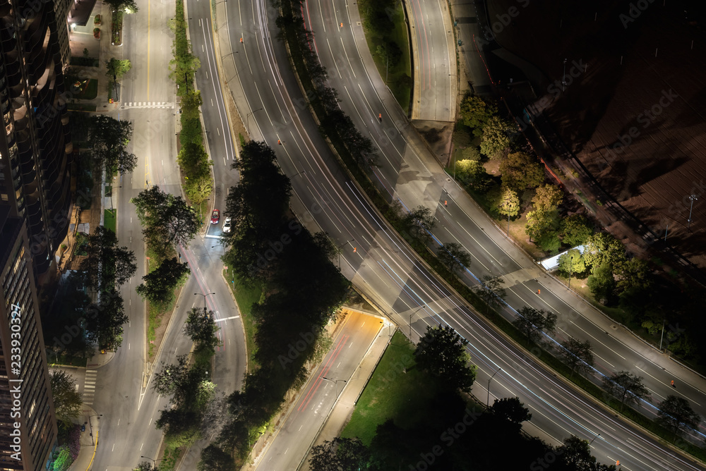 Chicago highway along Lake Michigan aerial view at night