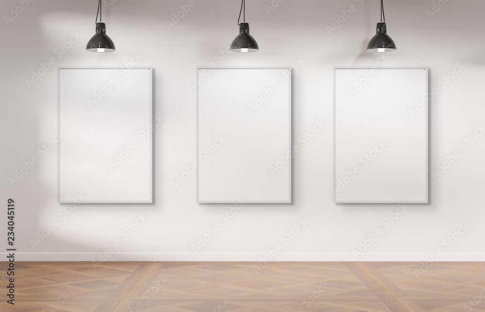 Three frames hanging on a wall mockup 3d rendering