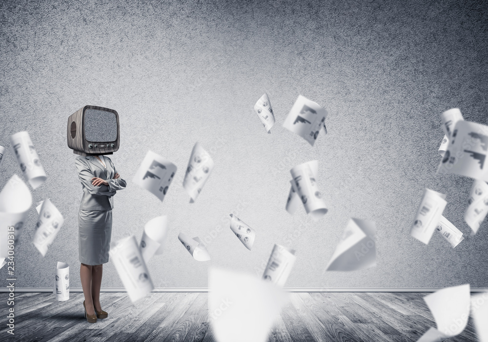 Business woman with old TV instead of head.