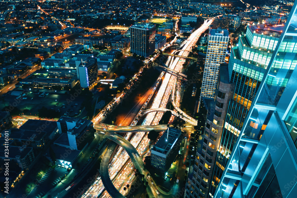 Aerial view of the massive highway infrastructure in Downtown Los Angeles, CA