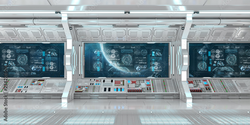 白色飞船内部，带控制面板数字屏幕3D渲染