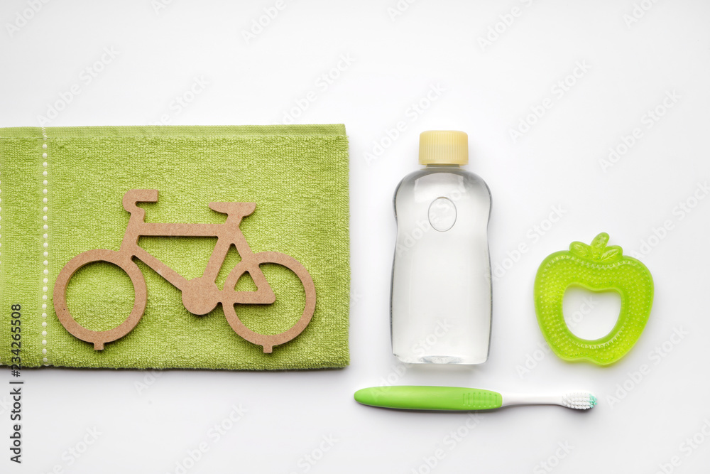 Composition with baby care accessories on white background