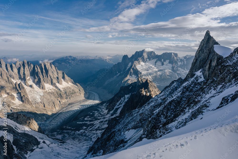 勃朗峰（Mont Blanc Massif）、夏蒙尼山脉（Aiguilles du Chamonix）和冰川的高山景观。太棒了。