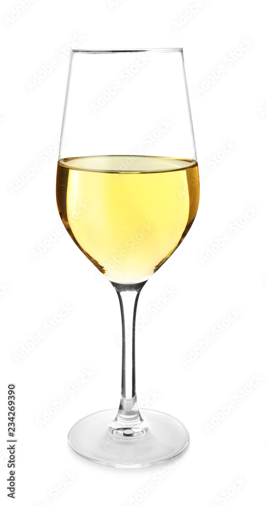 Glass of tasty wine on white background